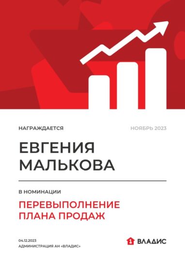 Награда «Владис» Евгении Мальковой: Перевыполнение плана продаж — ноябрь 2023